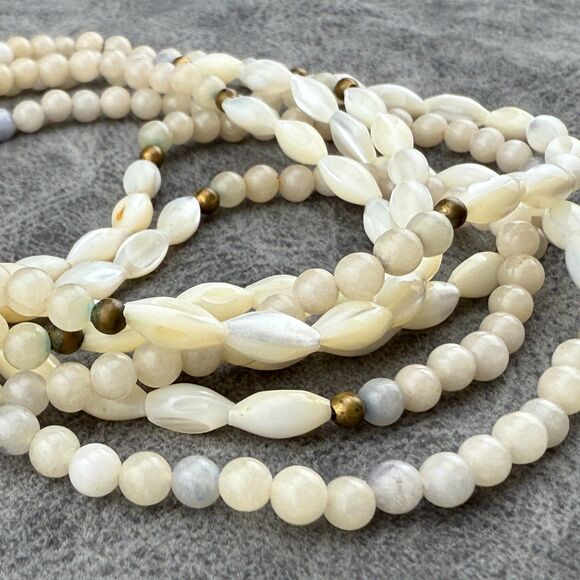 Vintage Natural Gemstone & Mother Of Pearl Rice Beads Necklace Double Strand 15" - Picture 12 of 13